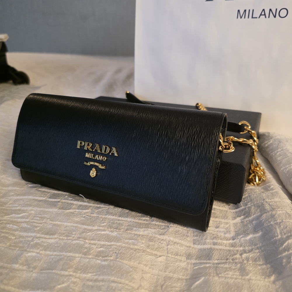 New Prada Black Clutch with Gold Accents